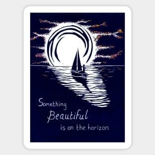 Something Beautiful is on The Horizon, Inspirational Linocut in Blue and Red Sticker